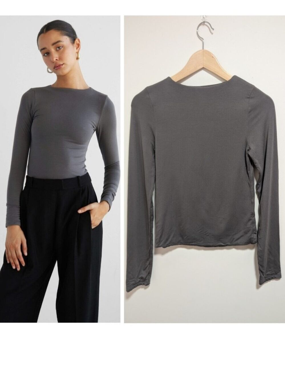 RE ONA | Signature Long Sleeve Top In Charcoal Grey